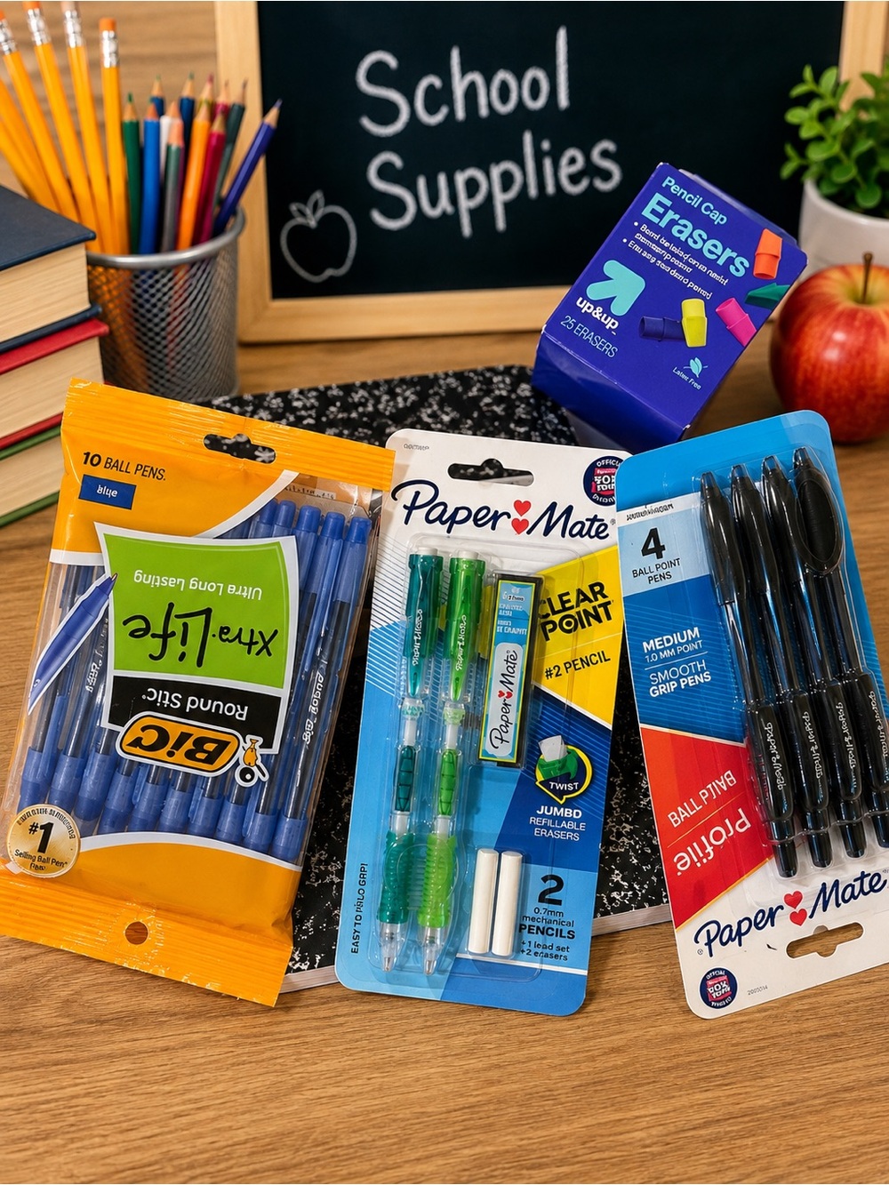 Back to school bundle hard zip up pencil box, bic pens, pencils, erasers NEW